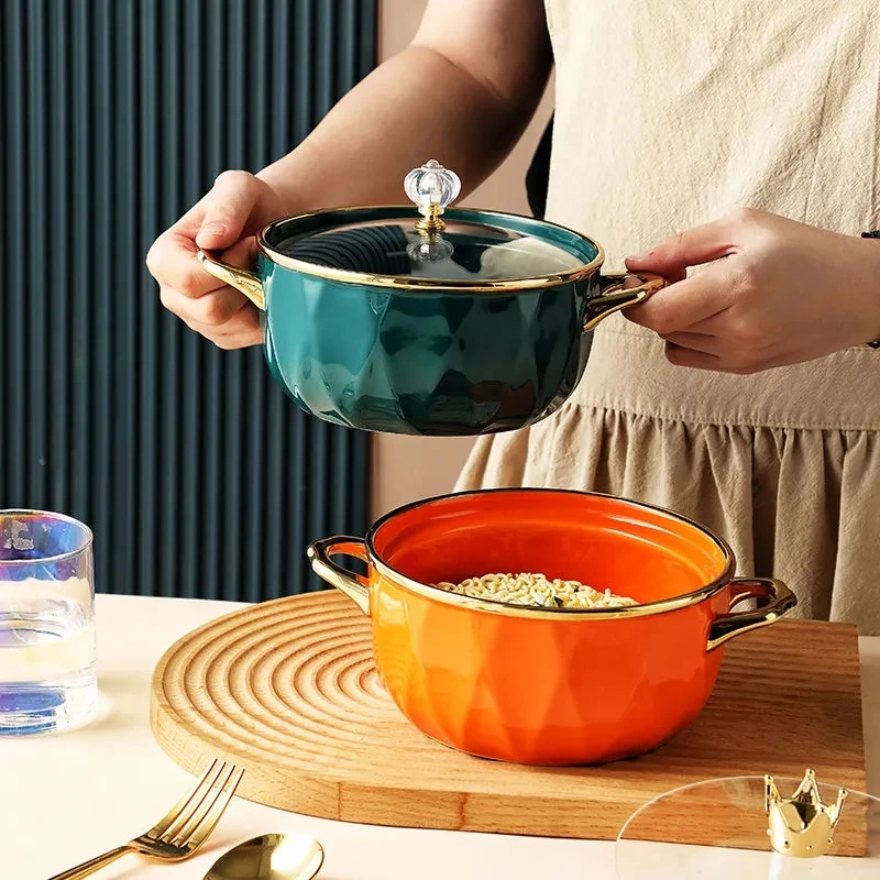 

1000ML Nordic Ceramic Bowl With lid Breakfast Cereal Fruit Bowl Solid Color Dessert Soup Noodle Phnom Penh Bowl Microwave Oven