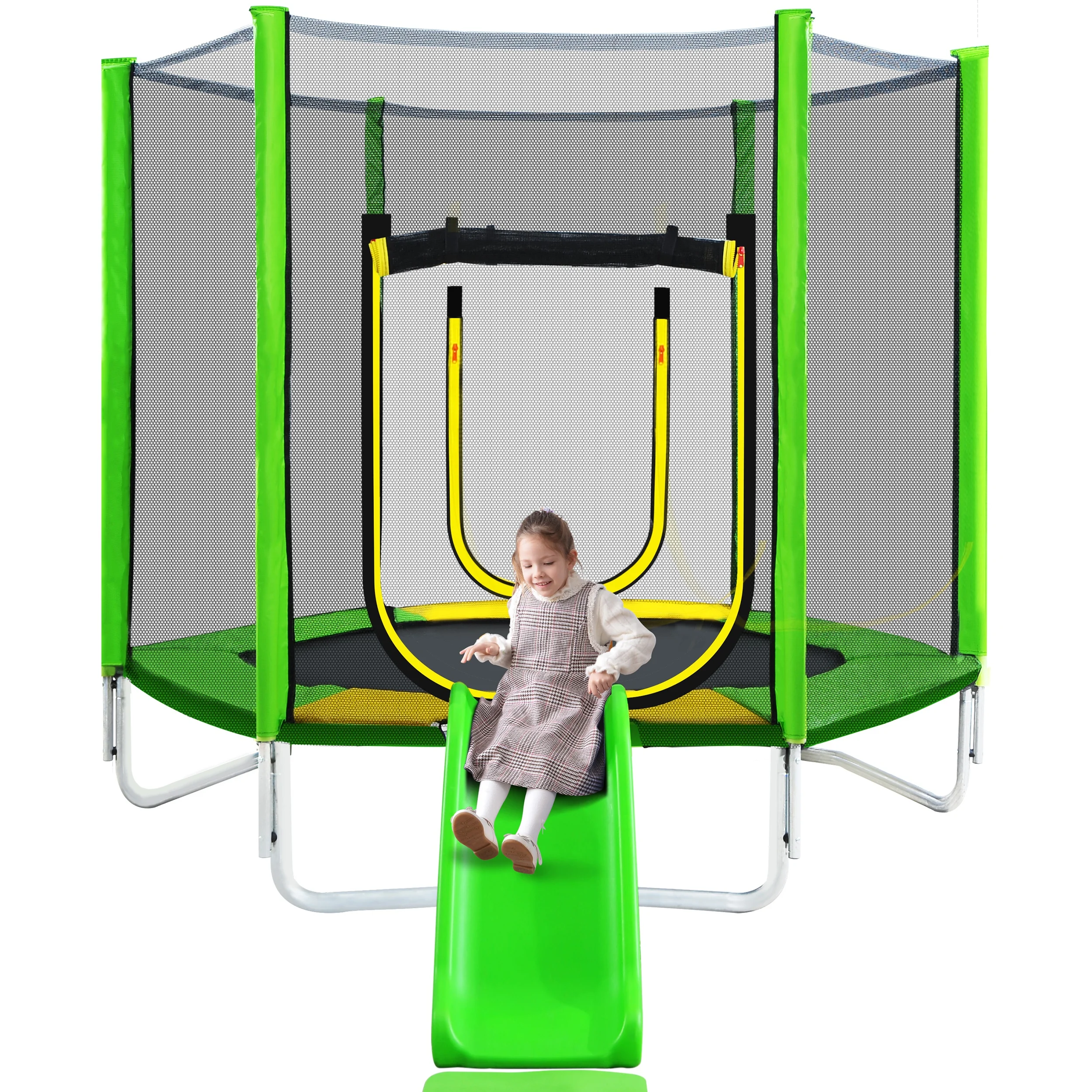 

Home Sport Fitness 7FT Trampoline Kids Safety Enclosure Net Slide Ladder Easy Assembly Round Outdoor Recreational Trampoline