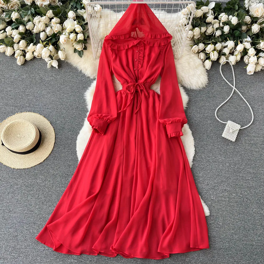 

2022 Spring New National Style Thin Hooded Bubble Sleeves Waist Closed Vintage Red Minority Dress Fashion