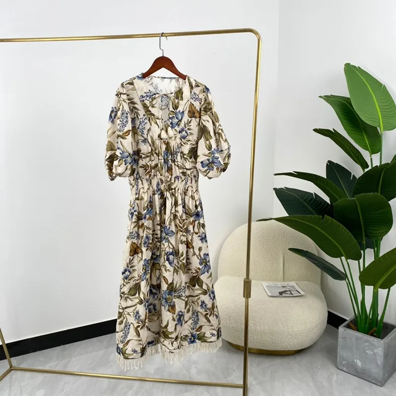 

Vintage Tassel Dress 2021 Summer Leaf Print Half Sleeve Elastic Waist High Quality Hot Sale Top Quality Clothes