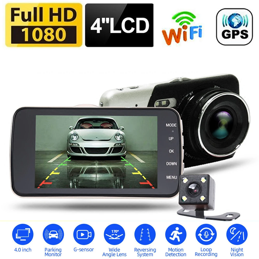 

Видеорегистратор автомобильный, Wi-Fi, 4,0 дюйма, Full HD, 1080P, GPS
