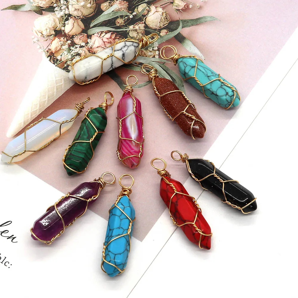 

Fashion Aura Healing Jewelry Bullet Shaped Natural Stone Hexagonal Protein Stone Turquoise Pendant Quartz Charm Crystal Pendant