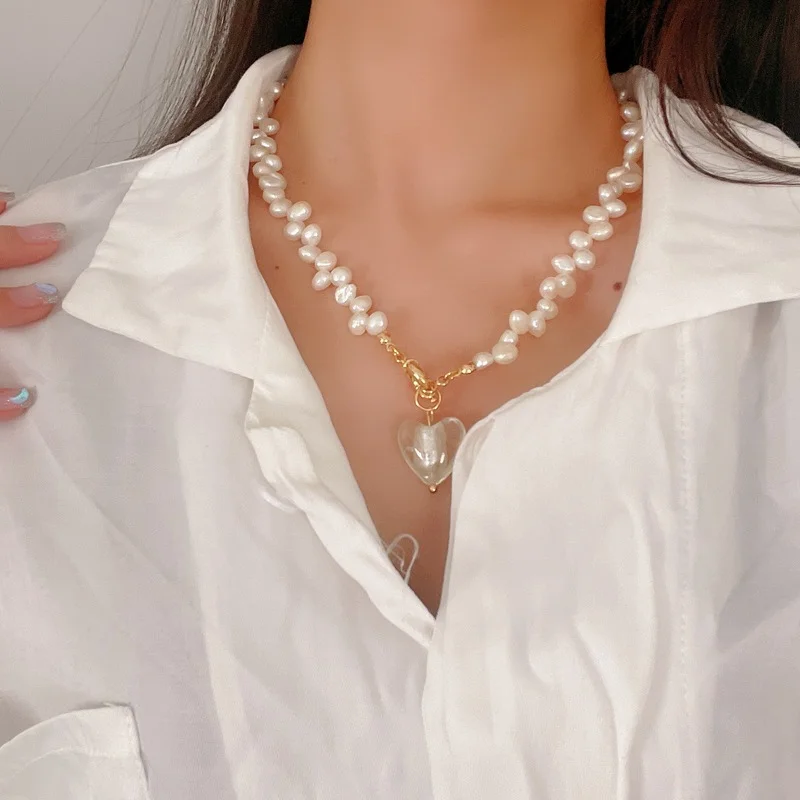

Timeless Wonder Sweet Natural Pearl Heart Charm Chains Necklace for Women Jewelry Designer Korean Egirl Ins Party Gift Rare 3027