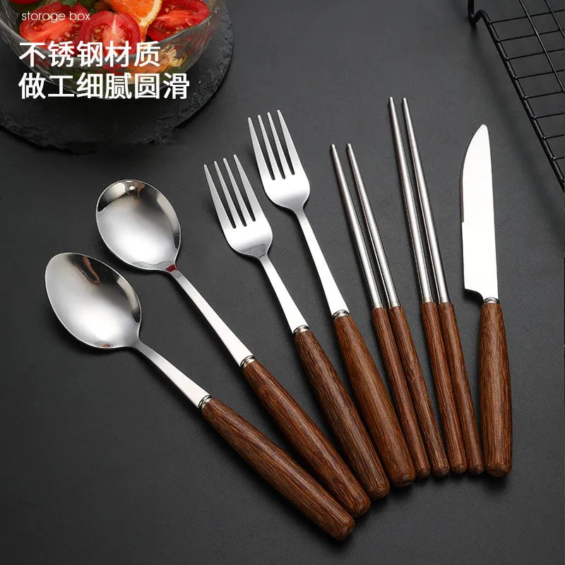 With Wooden Handle Sliver Korea Spoon Chopsticks Steak Knife