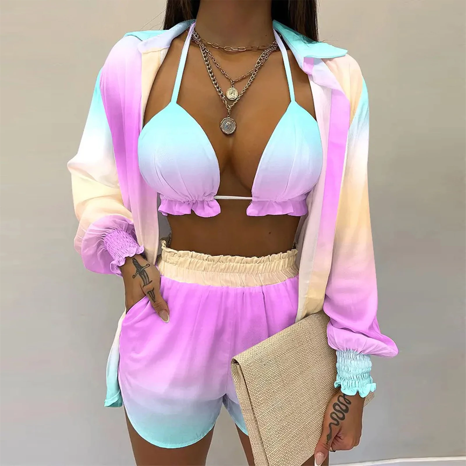 

Summer Beach 3pcs Set Women Cardigan Blouse + Bikini + Shorts Set Ladies Casual Lanter Sleeve Turndown Loose Short Pants Suits
