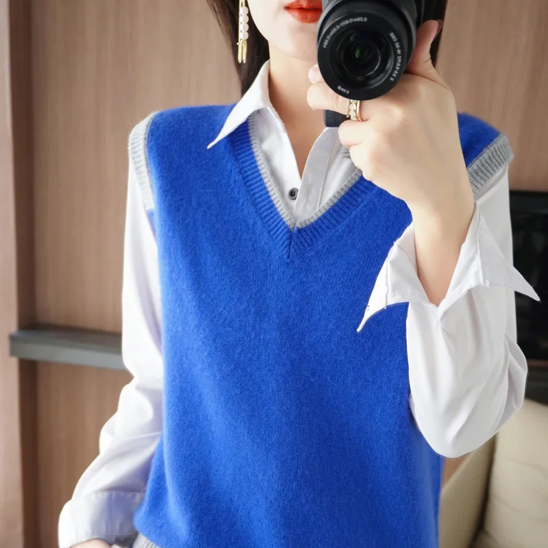 

ATTYYWS 2022 New Knitted O-Neck Cashmere Wool Vest Short V-Neck Ladies Sleeveless Sweater Soft and Comfortable Coat Pullover