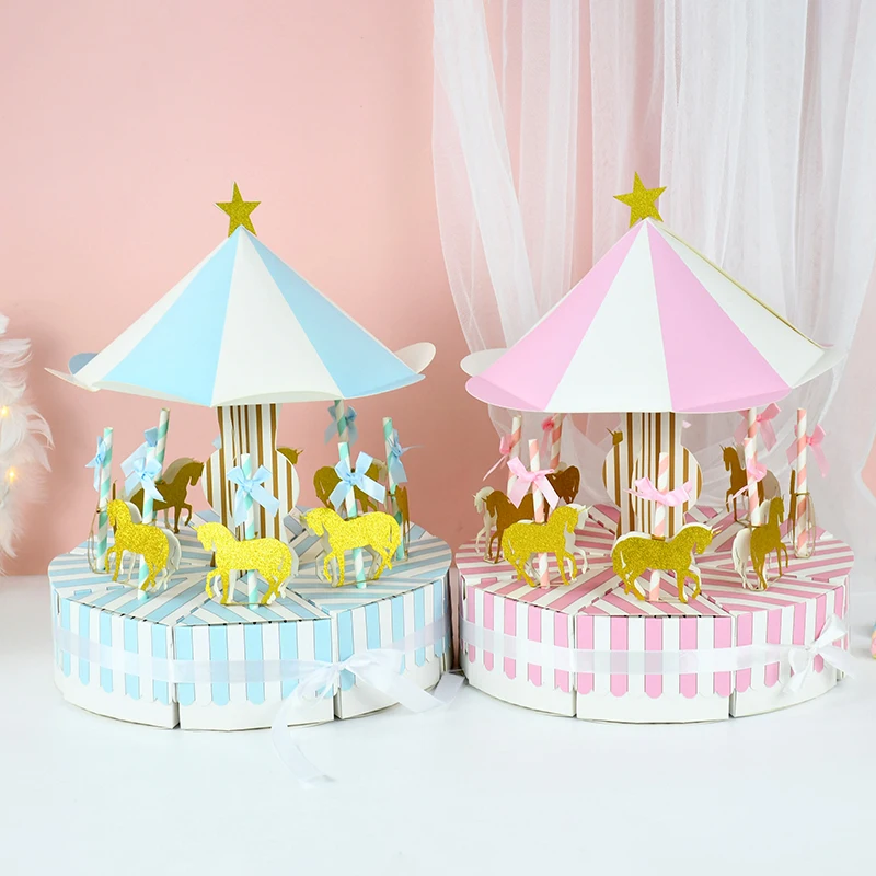 

1 Set blue pink Carousel Candy Box for Baby Shower kids favors Birthday Party Decor Wedding Decoration Gift Packaging Paper Case