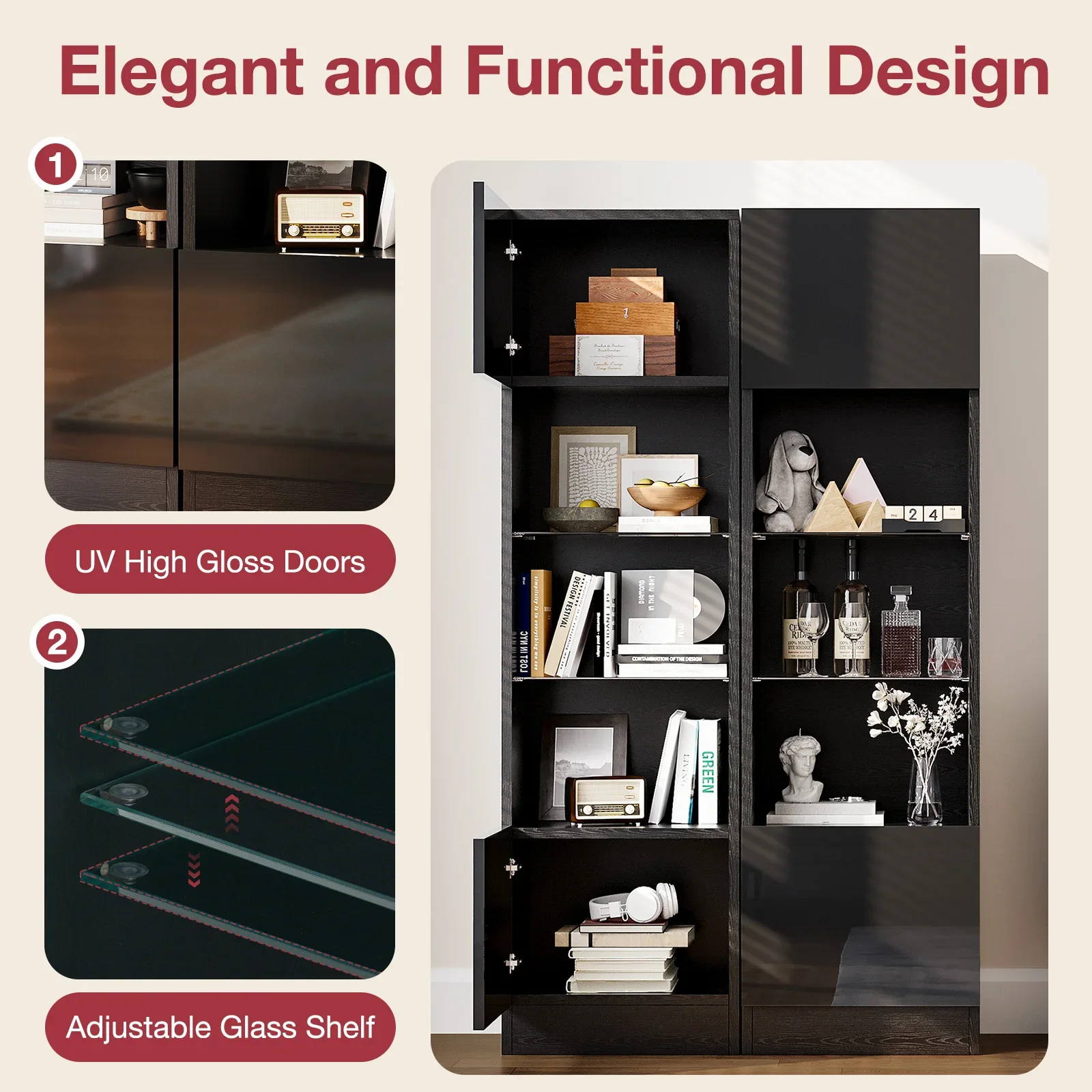 Фото # Modernes 2-Schrank-Bücherregal Verstellbares Glas regal Hochglanz-Bücherregal aus Holz Wohnzimmer Langlebige Bibliotheks №4