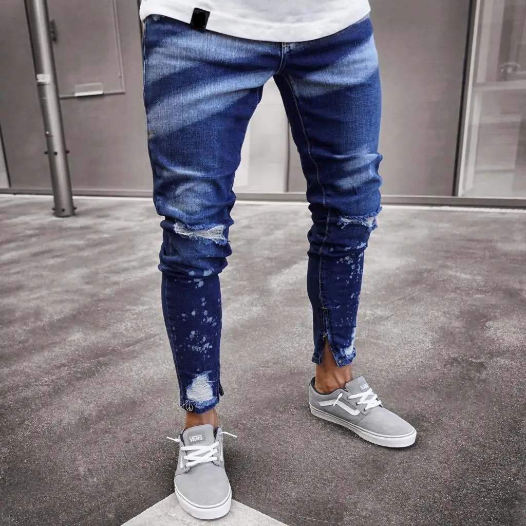 Mens Hole Skinny Jeans Fashion Washed Striped Ripped Slim Denim Pants For Men 2023 New Male Hip Hop Zipper Foot Jean Trousers