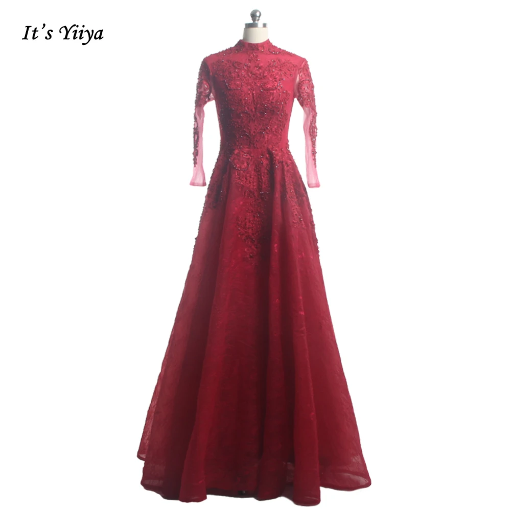 

It's Yiiya Evening Dress Burgundy Quality Plus Size Beading Appliques Three Quarter A-line Floor Length Women Party Dresses V134