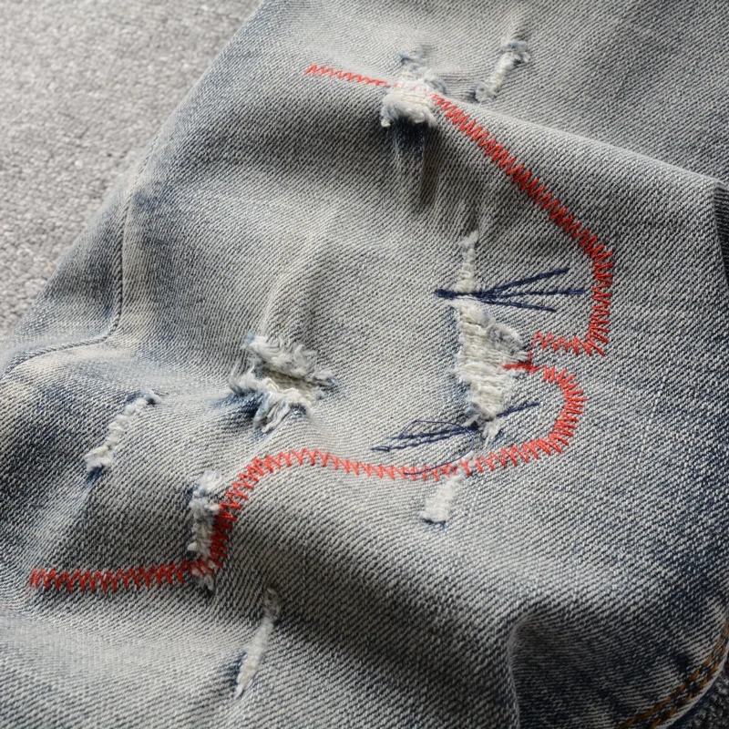 Streetwear Fashion Men Jeans Retro Gray Blue Elastic Slim Fit Ripped Jeans Men Embroidery Designer Vintage Denim Pants Hombre