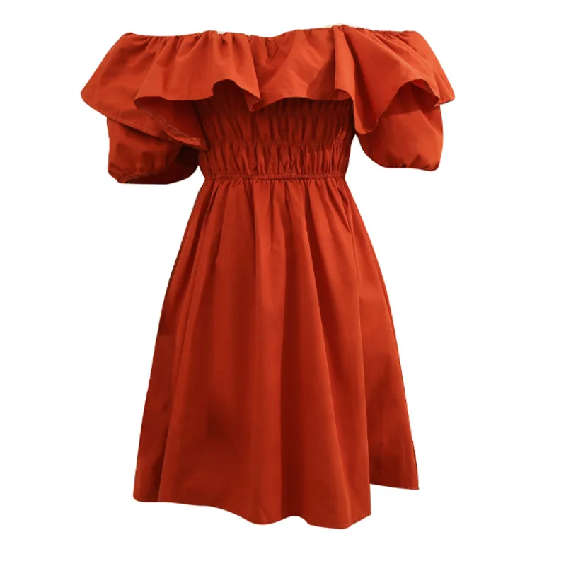 

Elegant Ruffles Off Shoulder Summer Short Sleeve Dresses Slash Neck Solid Chic Dress Elastic Waist Slim Pleated A-line Dress