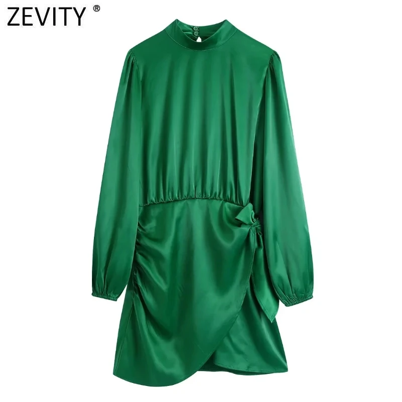 

ZEVITY женское модное мини-платье с воротником средней длины и боковым бантом из мягкого зеленого атласа, женское шикарное вечернее платье с а...