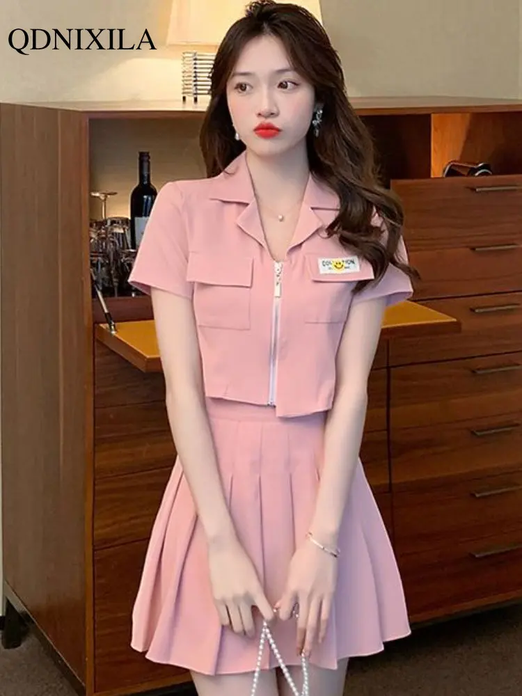 

2023 Summer Women's Skirt Sets Korean Fashion New In Matching Sets Short Sleeve Top Pleated Skirt 2 Piece Sets Women's Suit