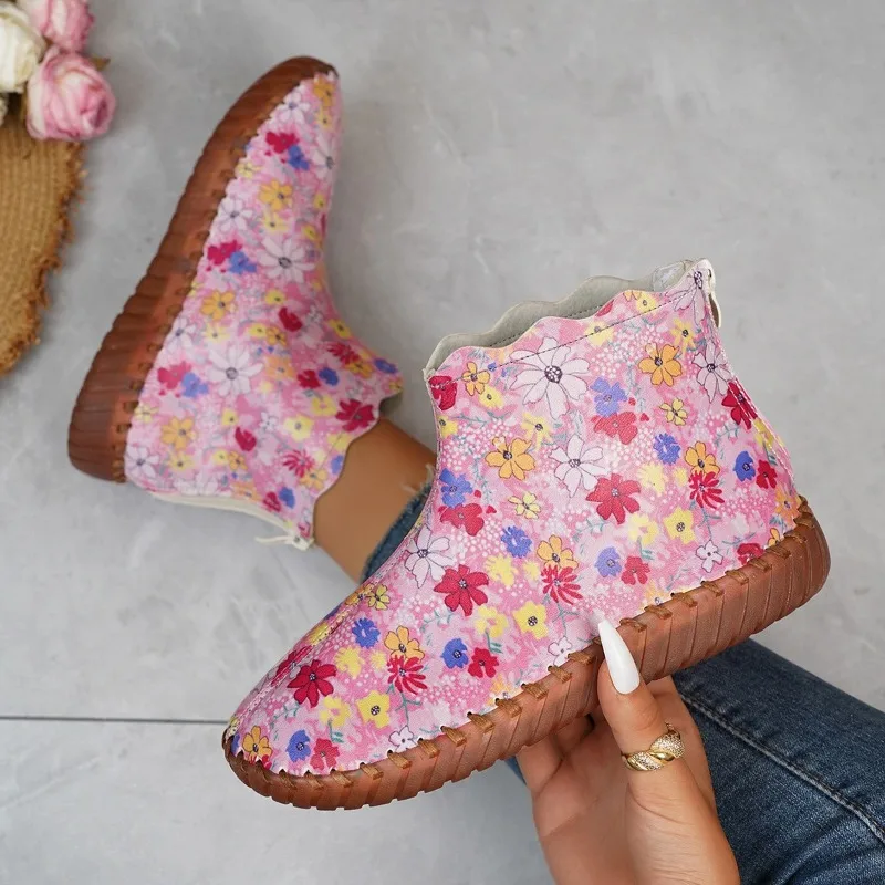 Женские ботинки ручной работы повседневные на плоской подошве с розовым цветком