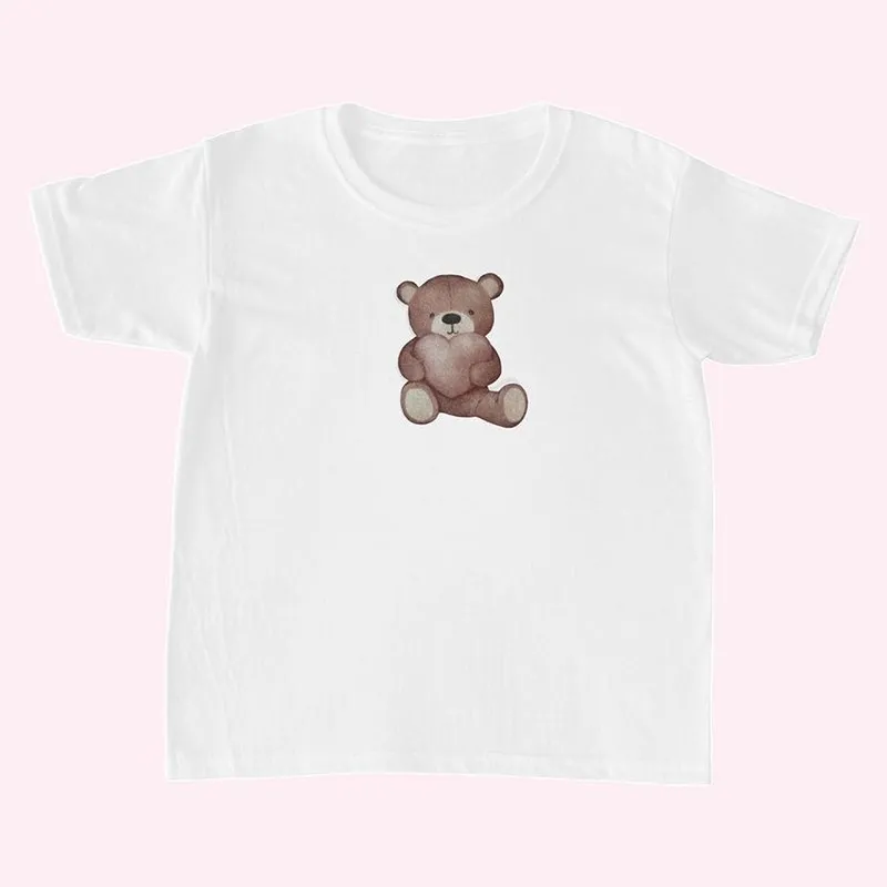 

Aesthetic Bear Print Women T-shirt Anime Letter Kawaii 90's Crop Tops Summer Short Sleeve Tees Kpop Streetwear Y2K Clothes Lady