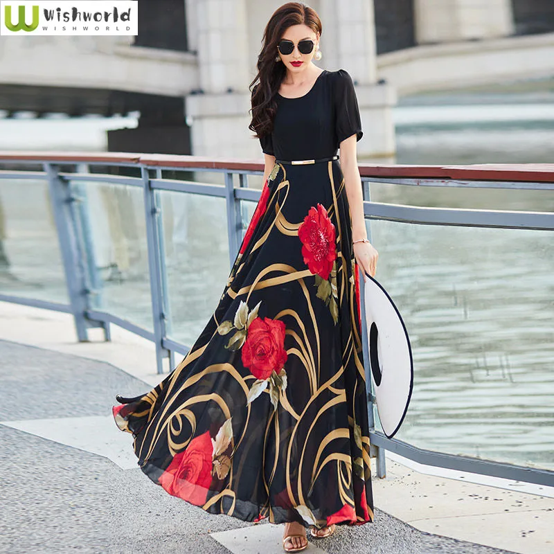 

Chiffon Dress Women's 2022 Summer New Large Size Travel and Vacation Knee Length Skirt Shows Thin and Long Beach Skirt