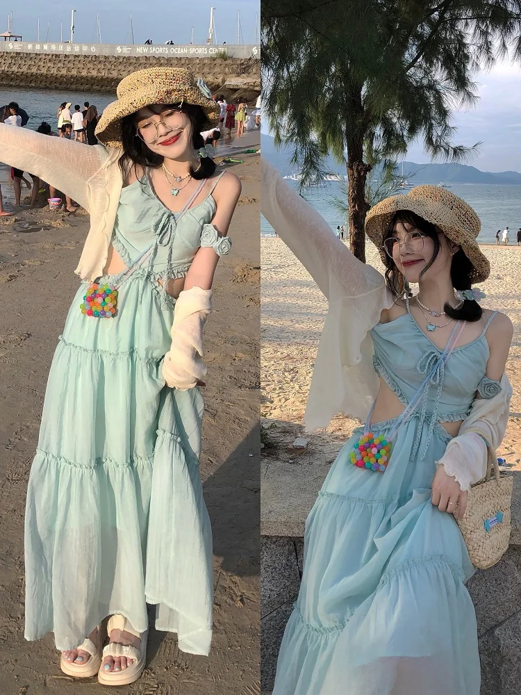 [Alittle Mess] Mint Original Rose Brooch Waist- Backless Long dress + Cardigan Autumn