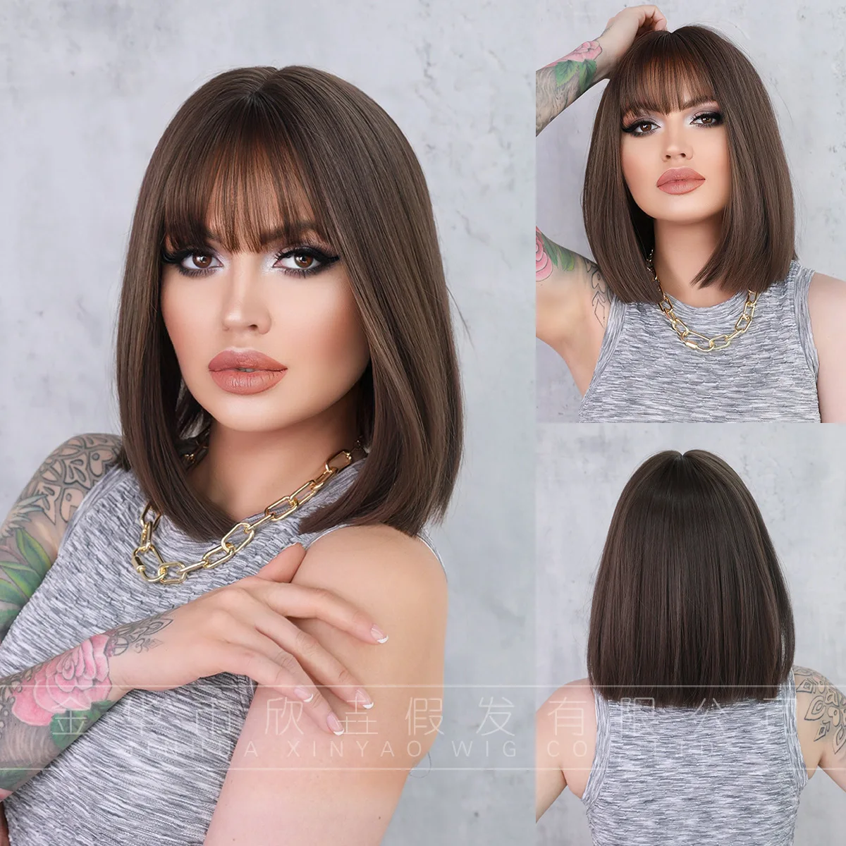 

Short Straight Hair Female Wig Natural Full-Head Wig Artificial Human Realistic Chemical Fiber Hair Bobhaircut Straight Bangs