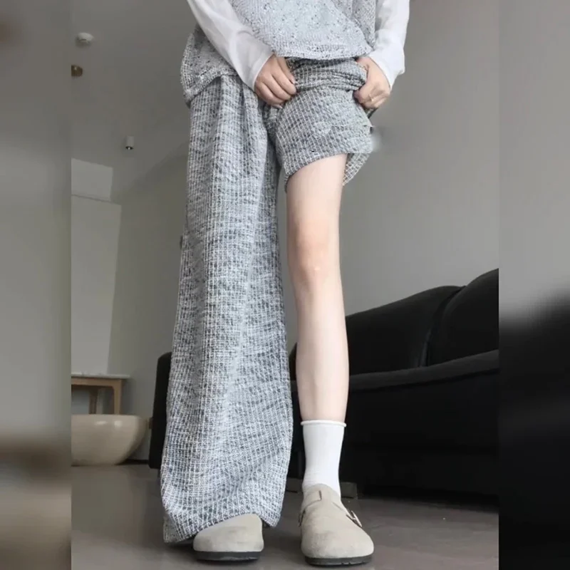 Осенние Женские Дизайнерские Серые Эластичные Длинные Брюки С Высокой Талией