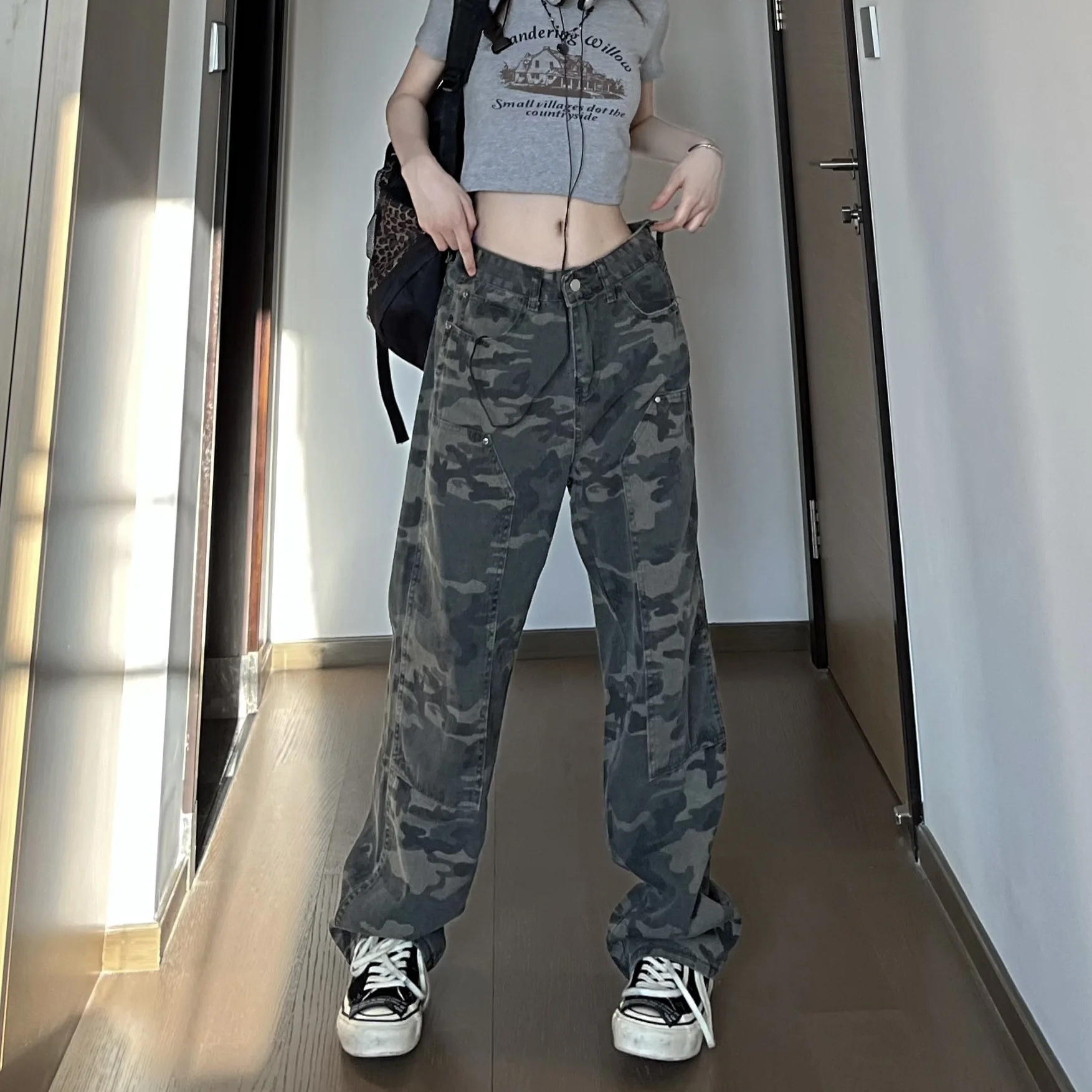 

Streetwear Camouflage Jeans Woman High Waist 2023 Summer Trend Trousers Fashion Cargo Pants ArmyGreen Straight Baggy Jeans