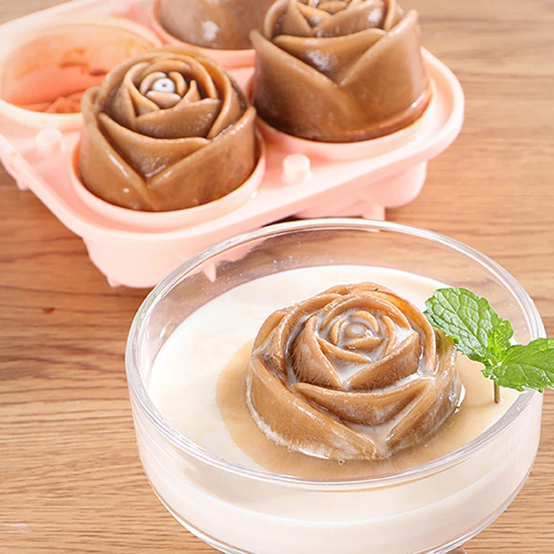

1 PC Reusable Food Grade Silicone Ice Cube Mould with Lid 4 Hole Roses Ice Cube Tray Stackable Ice Cube Mould Pink/Green