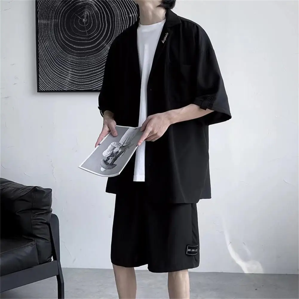 

Men Top Shorts Solid Color Temperament Korean Style Pure Color Shirt Short Pants Summer Shirt Short Pants for Travel