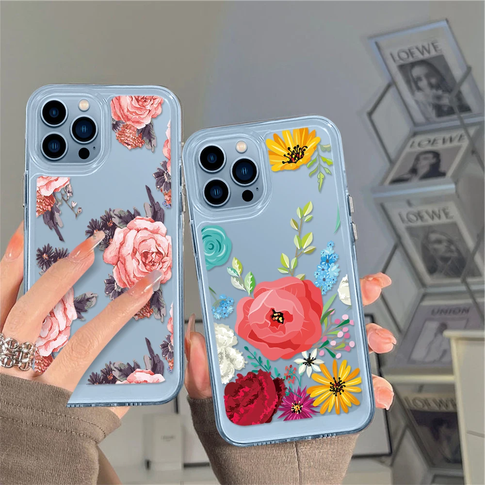

Transparent Phone Case for iPhone 14 13 12 11 Pro Max Mini XS XR X Retro Flower Shell Back Cover for iPhone14promax Coque Fundas
