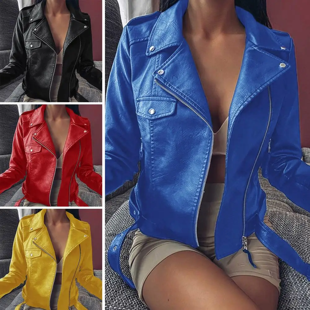 Faux Leather Jacket Zipper Closure Slim Fit Casual Wear Short Faux Leather Jacket Coat   Motorcycle Jacket  Women Clothing