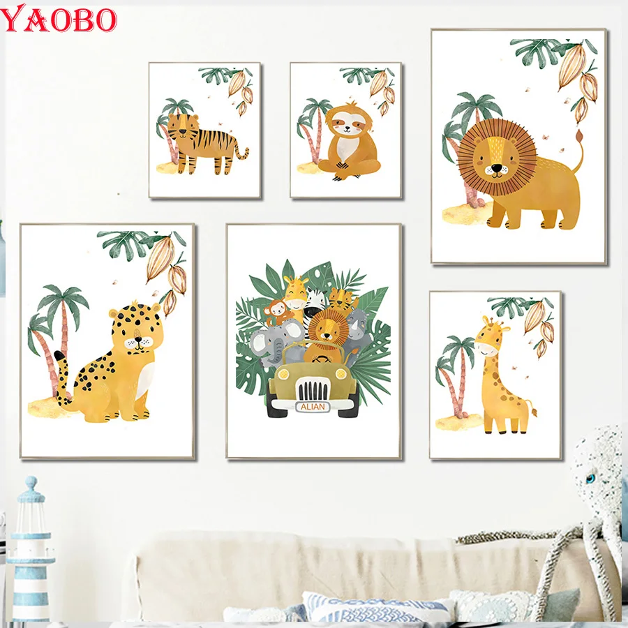 

Алмазная 5D картина «сделай сам», вышивка крестиком, жираф, Лев, слон, тигр, джунгли, животное для детской комнаты, Настенная вышивка с квадратными стразами