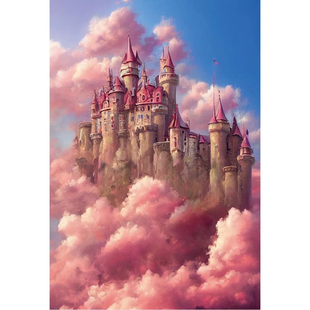 

Laeacco Dreamy Princess Castle Palace Backdrop Fairy Tale Pink Cloud Girls Birthday Baby Shower Portrait Photography Background