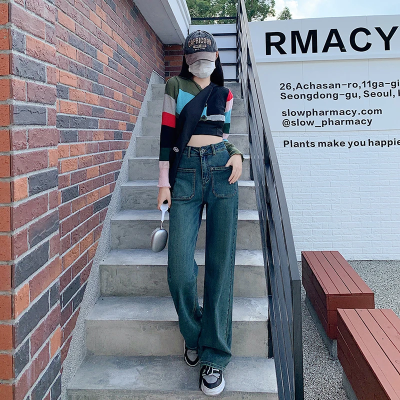 Jeans Women All-match Korean Style Mopping Trousers Denim Vintage Blue Solid High Waist Autumn BaggyCowboy Pants Street Casual