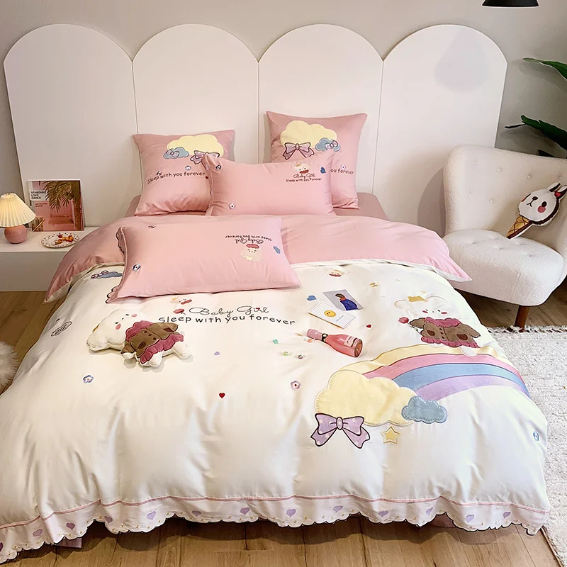 

Cute Cartoon Rainbow Bear Embroidery White/Pink 600TC Egyptian Cotton Princess Girl Bedding Set Duvet Cover Bed Sheet Pillowcase