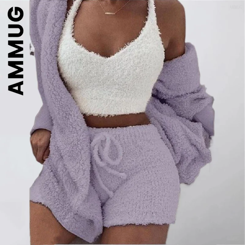 

New Women Hooded Cardigan Coat+Shorts+Crop Top Pants Ladies 2022 Spring Three Piece Sexy Fluffy Outfits Plush Velvet Sets