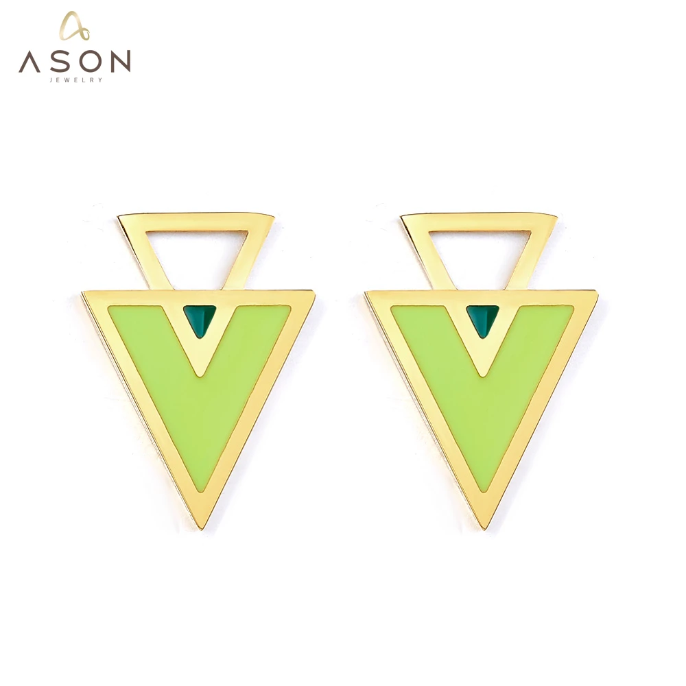 

ASONSTEEL Stud Earrins Gold Color Stainless Steel Two Triangles With Green Dripping Oil Trendy Earrings For Women Office Daily