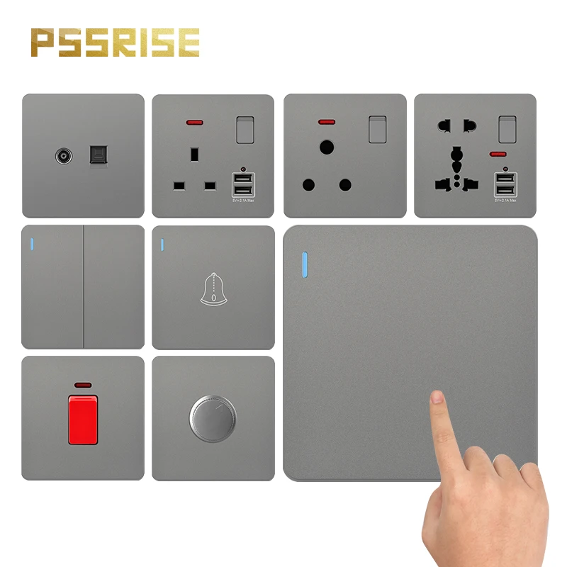 

PSSRISE C82 Series EU/UK/UN Wall Switch High Power Socket USB 250V Deluxe Grey PC Frame Panel 16A Lamp Water Heater Switch 45A