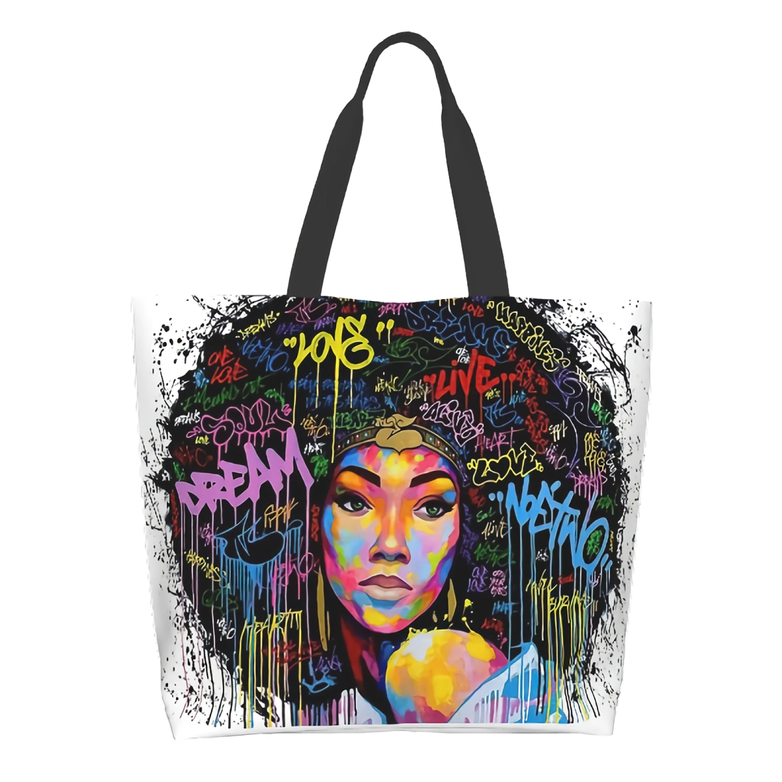 

Black Girl White Canvas Tote Bag for Women Weekend Kitchen Reusable Grocery Bags Bulk Large Casual Shopping Shoulder Handbag