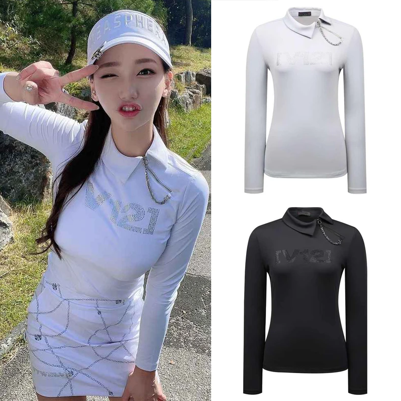 

Women Golf Clothing Autumn and Spring Long Sleeved T-shirt with Diamond Printed Zipper Thickened Polo Shirt Top