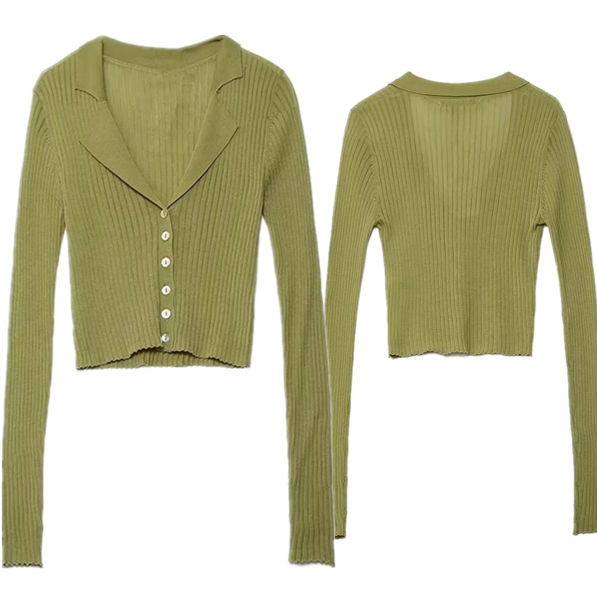 Вьющийся французский травяной зеленый модный вязаный свитер с v-образным вырезом