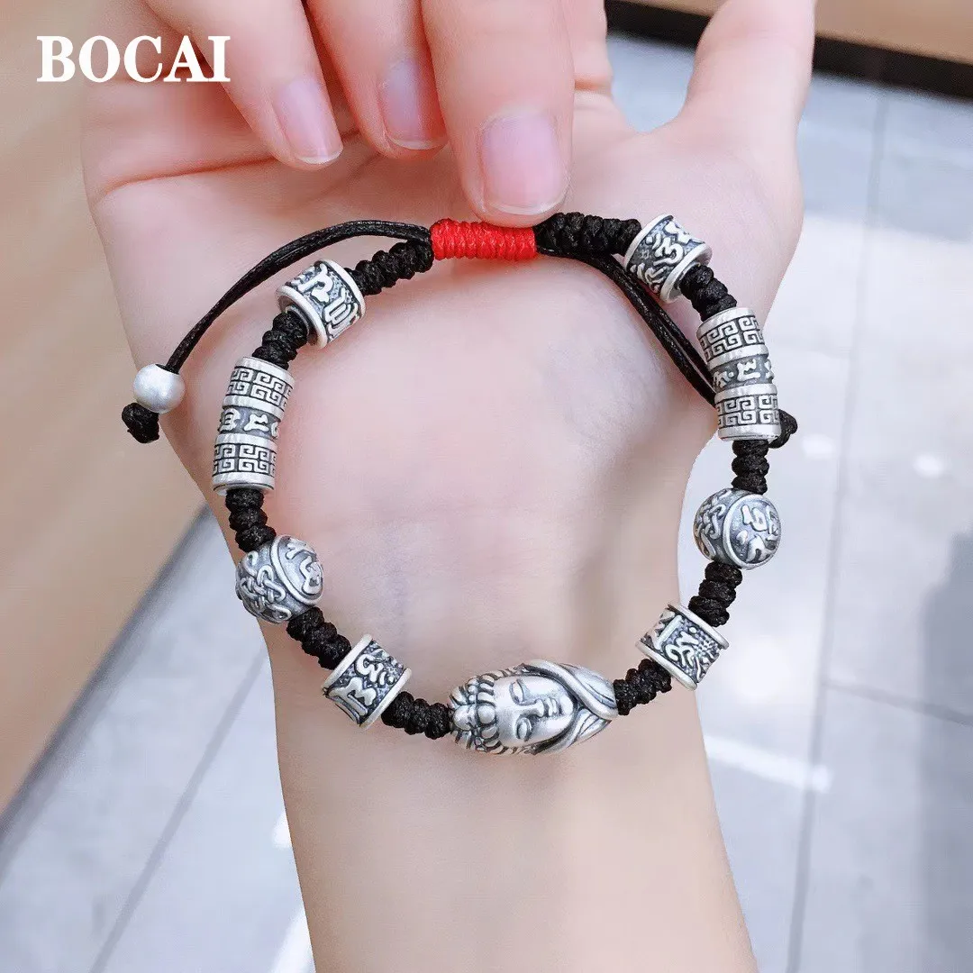 

BOCAI Genuine Real S999 Pure Silver Hand-Woven Geometric Type Buddhist Scriptures 3D Buddha Statues Men's and Women's Bracelet