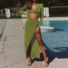 Женский комплект из двух предметов, Зеленый Топ с длинным рукавом и разрез с высокой талией, осенний наряд для вечеринки, костюмы с длинной юбкой