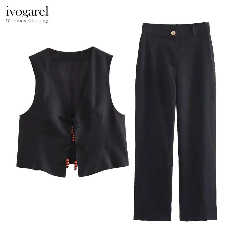 

Ivogarel Beaded Linen Waistcoat and Wide-Leg Linen Trousers Women's Sleeveless Vest with Tie Fastenings and High-Waist Pants