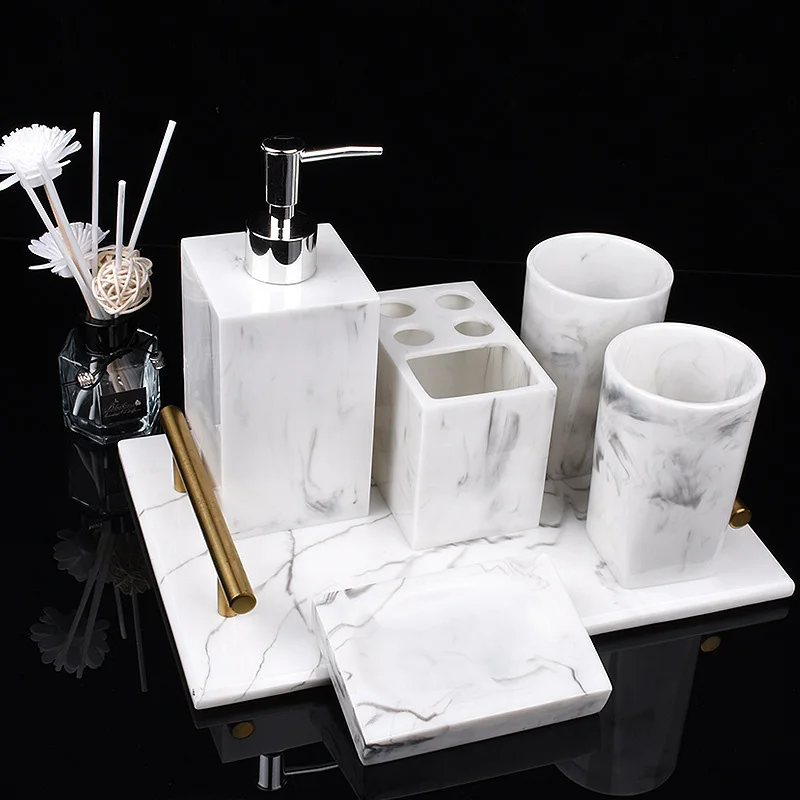 

Five-piece Set Ink Marble Stripe Bathroom Cup Creative Resin Bathroom Amenities Kit Bathroom Accessories Custom Bathroom Sets