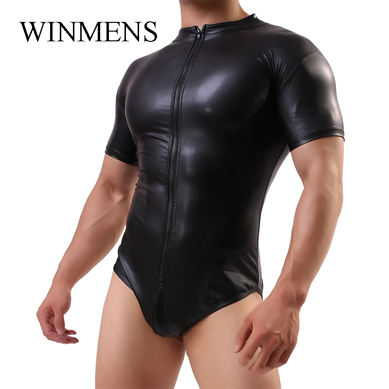 Черный мужской слитный боди из искусственной кожи для взрослых облегающая