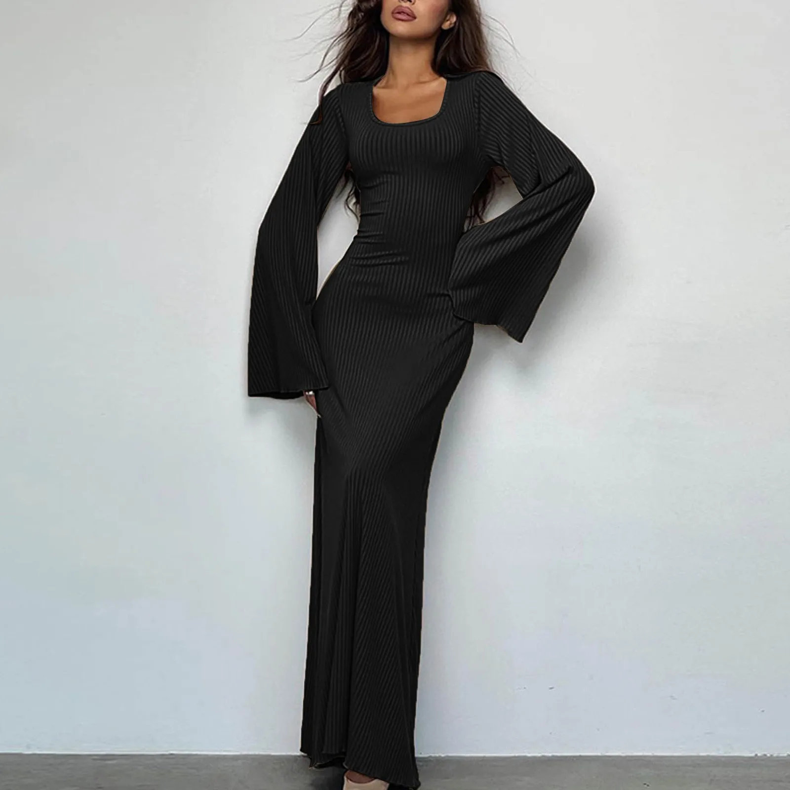 

Элегантное женское облегающее платье-макси, осенне-зимнее однотонное длинное платье, женское повседневное облегающее платье с длинным рукавом, длинные халаты