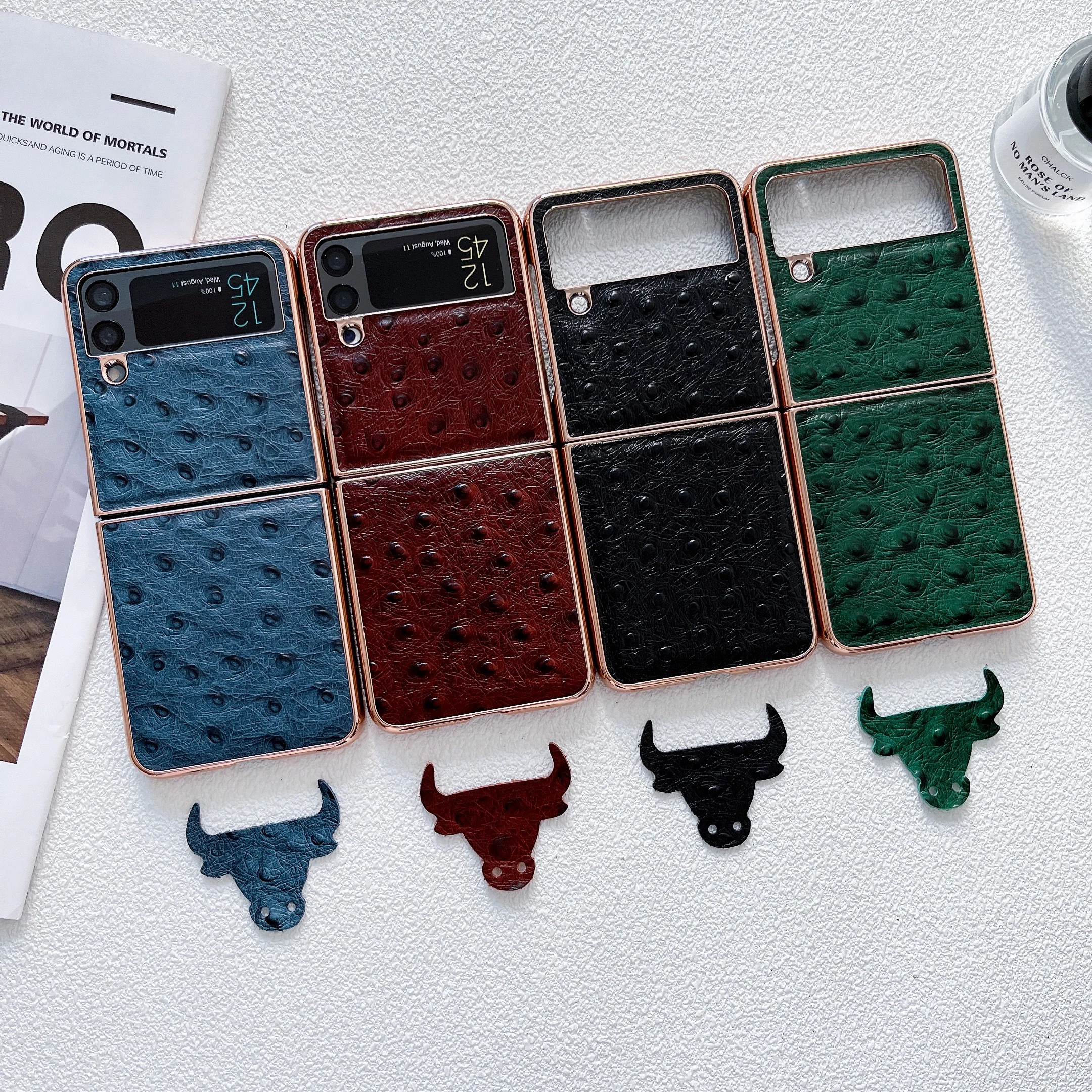 Retro Genuine Cowhide Leather Case For Samsung Galaxy Z Flip 4 3 Flip4 Ostrich Skin Grain Glossy Electroplated Frame Back Cover