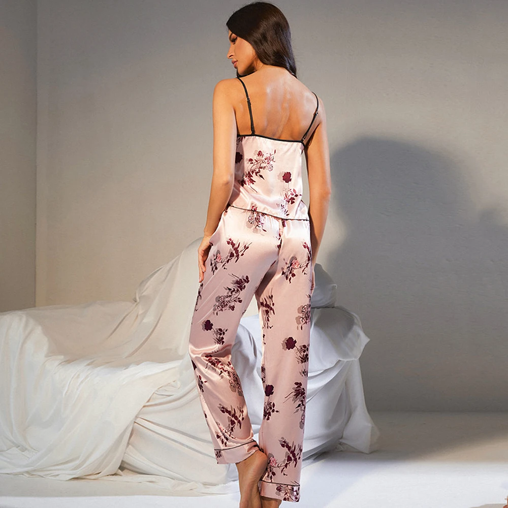 New Fashionable and Elegant Satin Print Suspender Top Pants Sexy and Funny Pajamas Women's Summer Thin Ice Silk Soft Homewear
