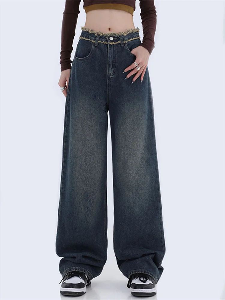 

Women Dark Blue Jeans Straight Loose BF Style High Waist Casual Jean Female Denim Wide Leg Pants 2022 Autumn Winter New Trousers