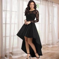 women dress spring and autumn solid color roung neck long sleeve lace patchwork high waist ladies party dresses