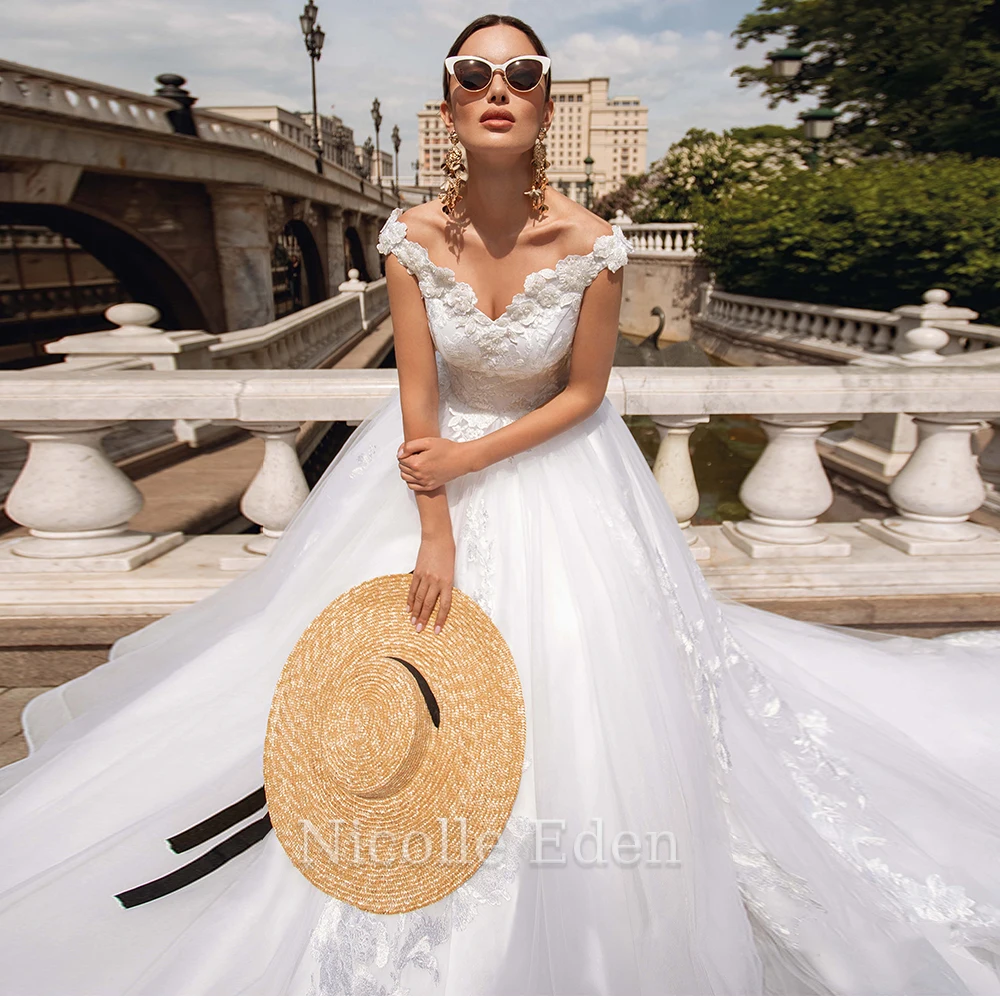 

Nicolle Eden Off The Shoulder Boho A Line Wedding Dresses Lace Appliques Formal Bride Gown Vestido De Casamento Custom Made